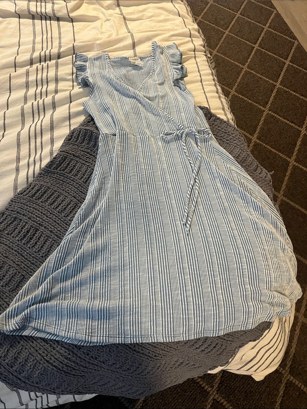Caution To The Wind Light Blue & White Striped Wrap Midi Dress